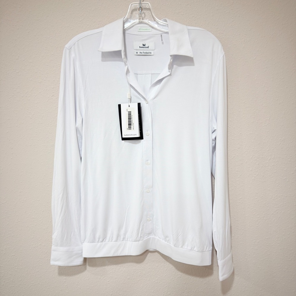 Buttercloth Icy Bamboo Pre-Tucked Fit Top M White Minimalist Office Siren Preppy